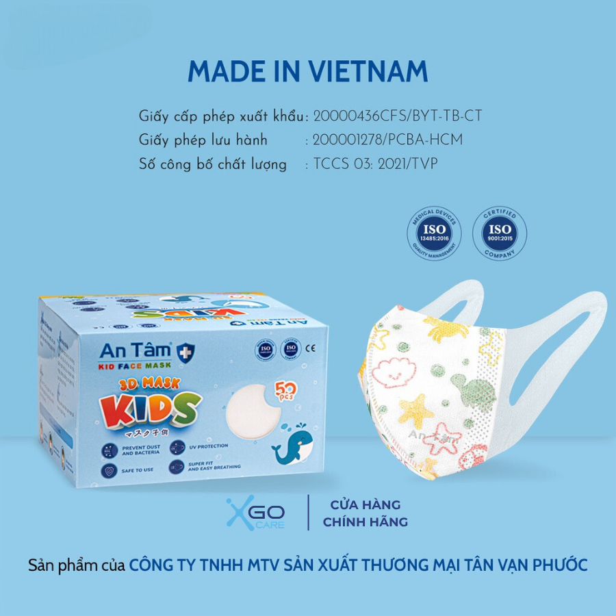 Khẩu trang trẻ em 3D An Tâm 3 lớp kháng khuẩn ngăn ngừa bụi mịn cho bé từ 3-8 tuổi hộp 50 cái AT3D50C