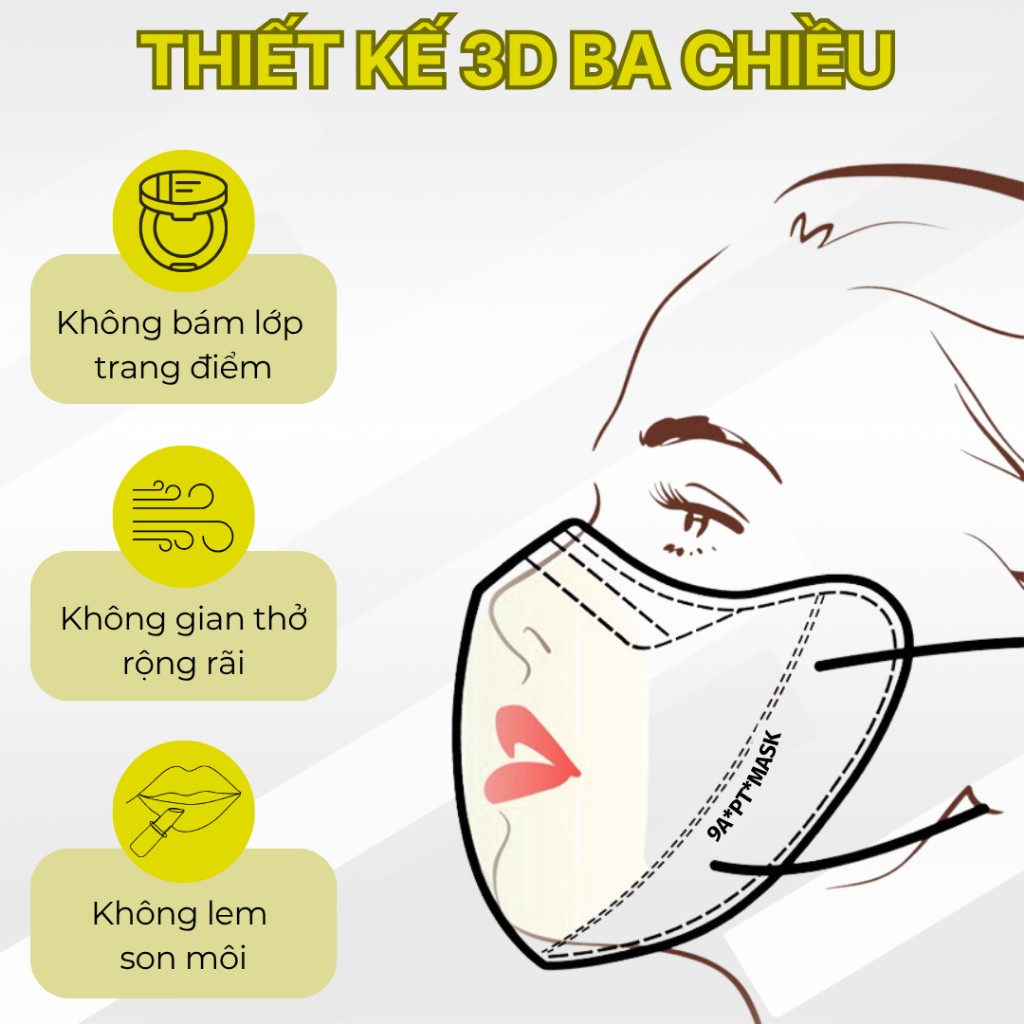 Thùng sỉ 100 bịch khẩu trang 9A PT mask cao cấp 5 lớp kháng khuẩn thiết kế 3D che nắng phổ rộng