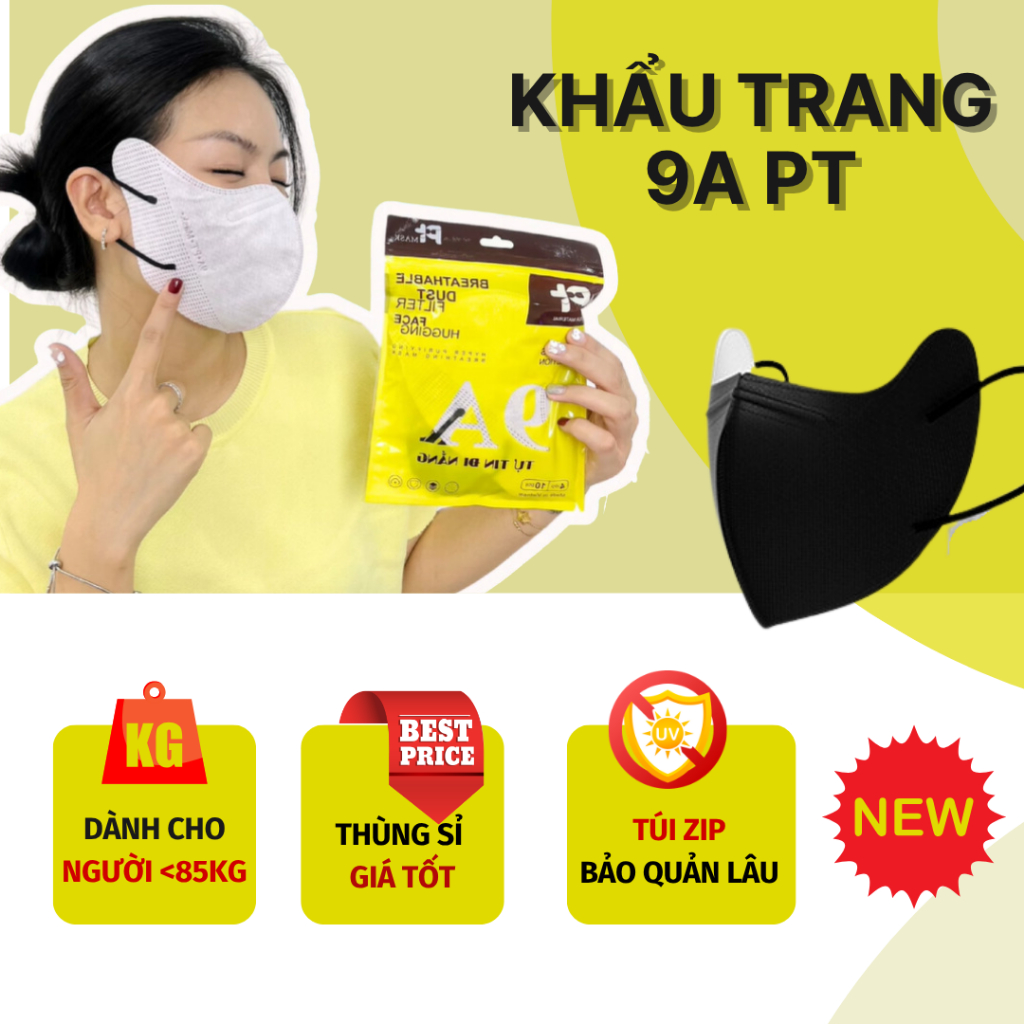 Thùng sỉ 100 bịch khẩu trang 9A PT mask cao cấp 5 lớp kháng khuẩn thiết kế 3D che nắng phổ rộng