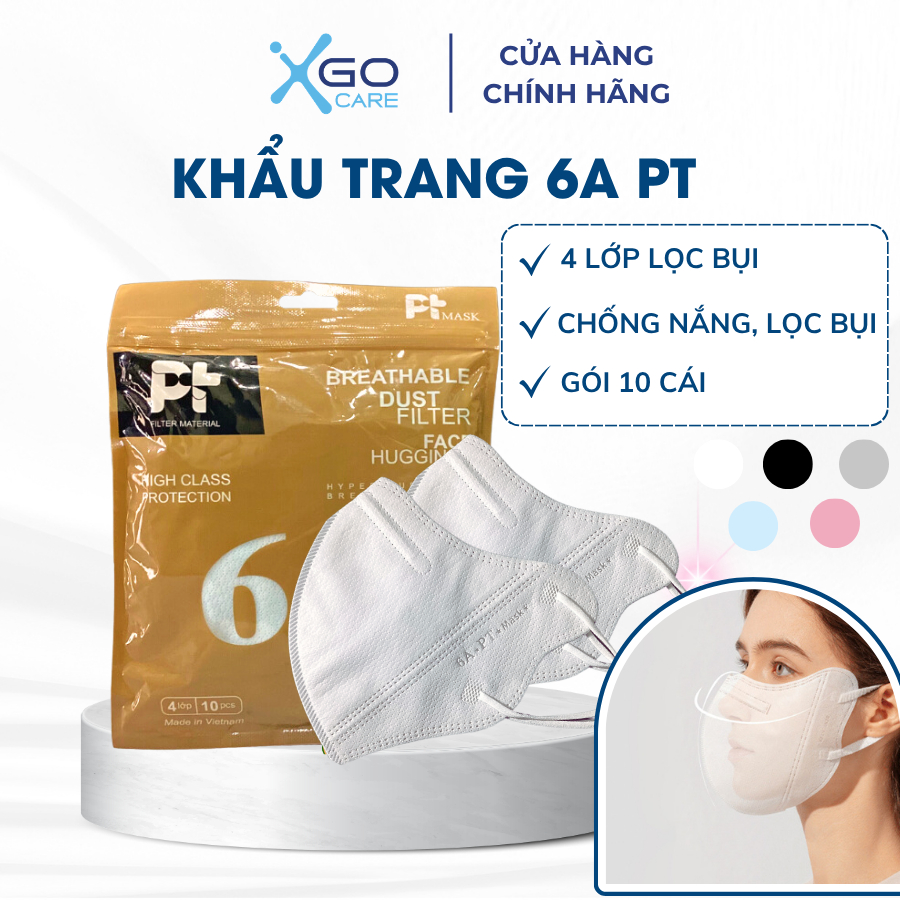 Khẩu trang 6A PT 4 lớp giúp kháng khuẩn vượt trội ngăn chặn khói bụi và chống tia UV toàn diện gói 10 cái PT6AO