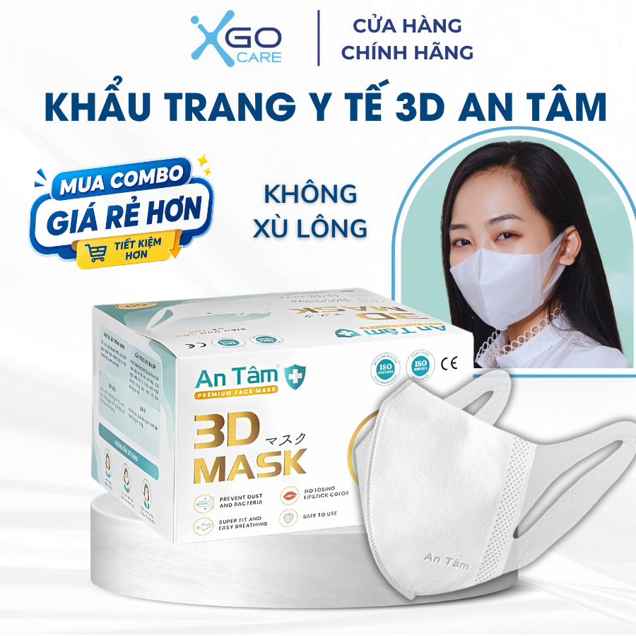 Khẩu trang y tế 3D mask An Tâm hộp 50 cái khẩu trang chống bụi mịn thoáng khí dành cho người lớn