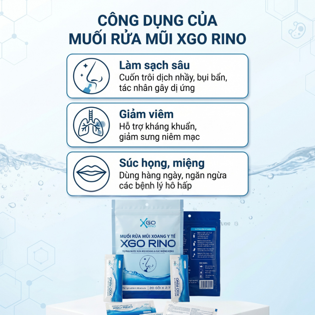 Muối rửa mũi chuyên dụng pha nước muối sinh lý làm sạch khoang mũi cho trẻ em và người lớn