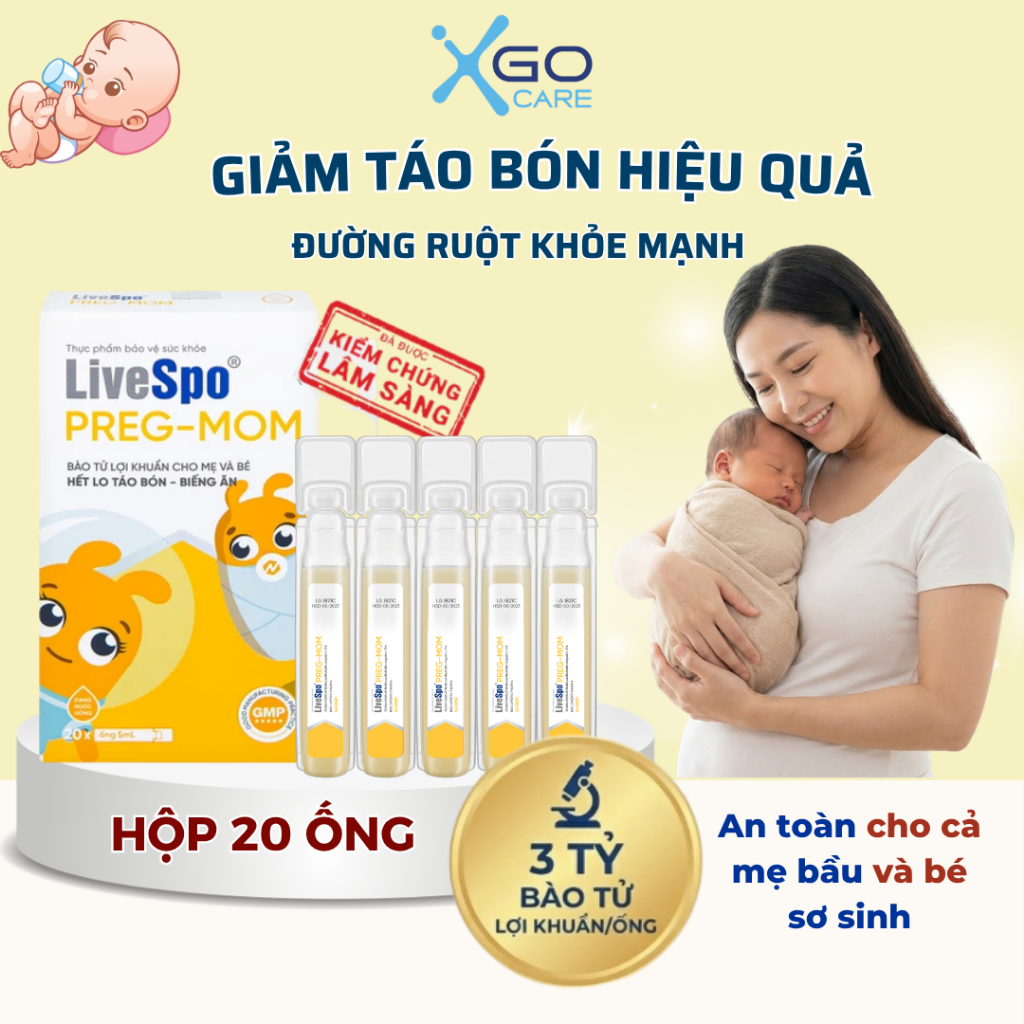 Men vi sinh LiveSpo PREG-MOM cho bé ,mẹ bầu giảm táo bón, nhuận tràng, hỗ trợ tiêu hóa hiệu quả hộp 20 ống