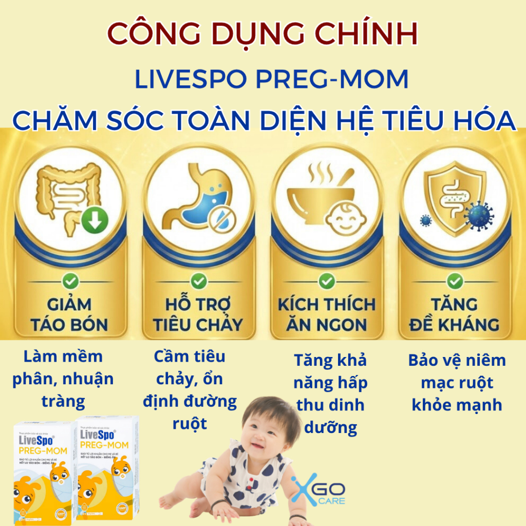 Men vi sinh LiveSpo PREG-MOM cho bé ,mẹ bầu giảm táo bón, nhuận tràng, hỗ trợ tiêu hóa hiệu quả hộp 20 ống