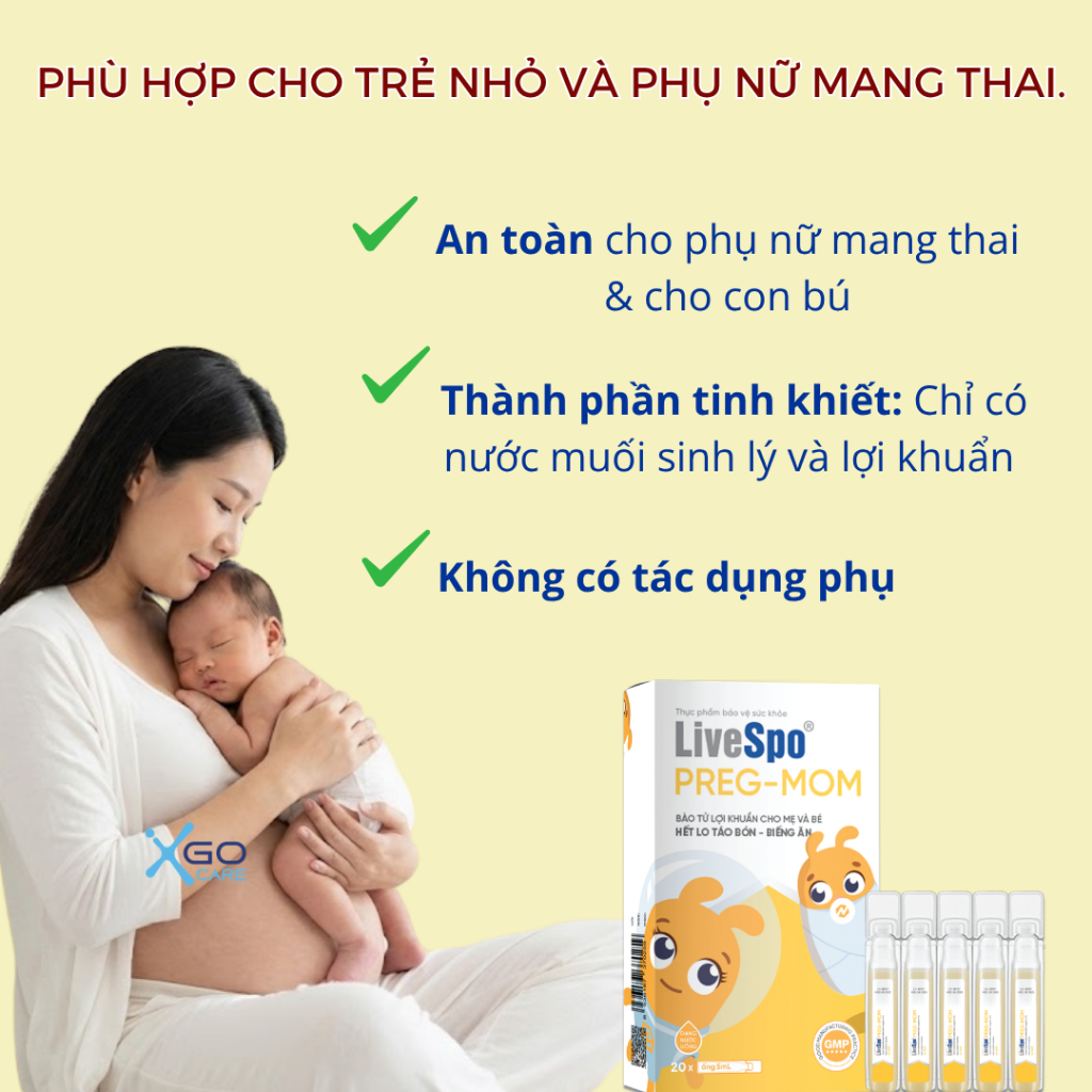 Men vi sinh LiveSpo PREG-MOM cho bé ,mẹ bầu giảm táo bón, nhuận tràng, hỗ trợ tiêu hóa hiệu quả hộp 20 ống