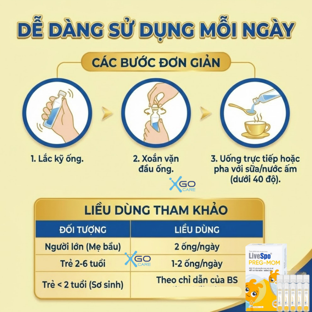 Men vi sinh LiveSpo PREG-MOM cho bé ,mẹ bầu giảm táo bón, nhuận tràng, hỗ trợ tiêu hóa hiệu quả hộp 20 ống