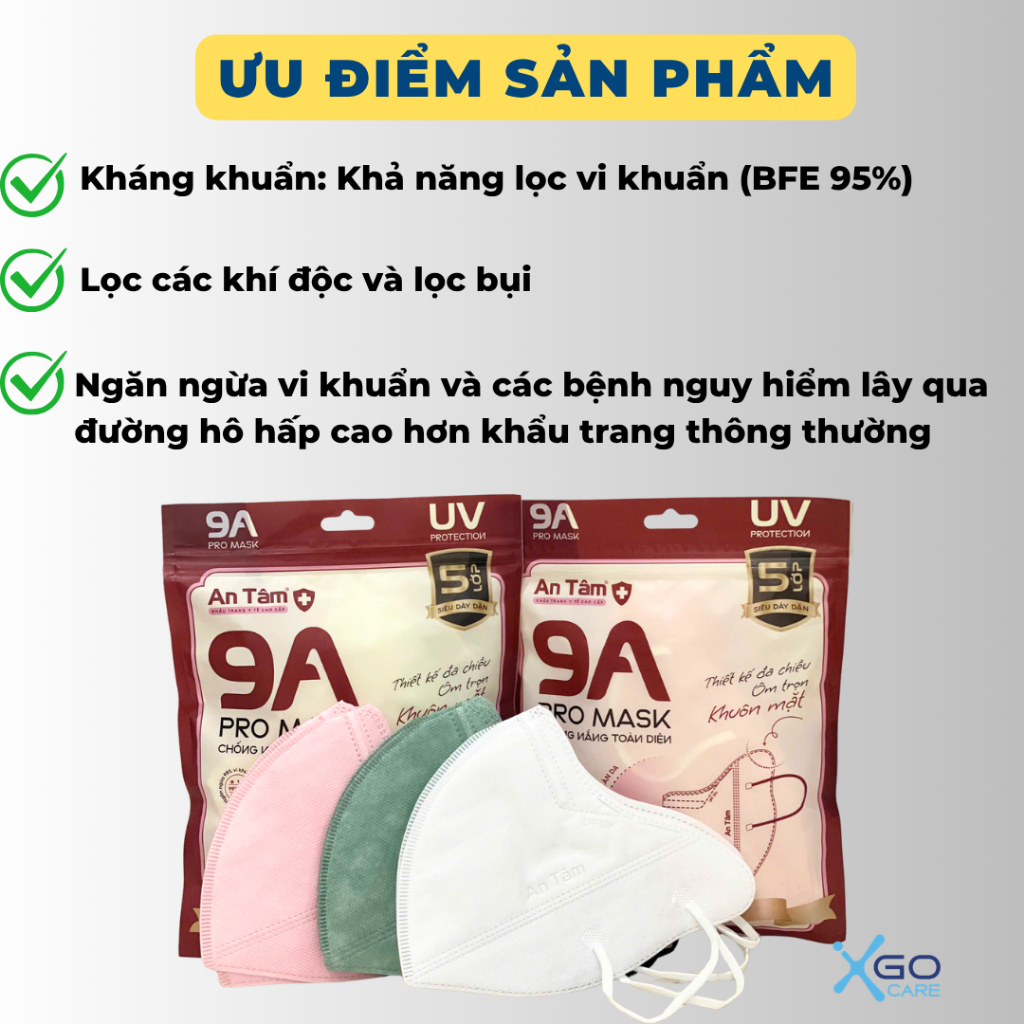 Khẩu trang 9A combo 50 cái chống nắng An Tâm 5 lớp kháng khuẩn che nắng toàn diện chắn bụn mịn và tia UV hiệu quả