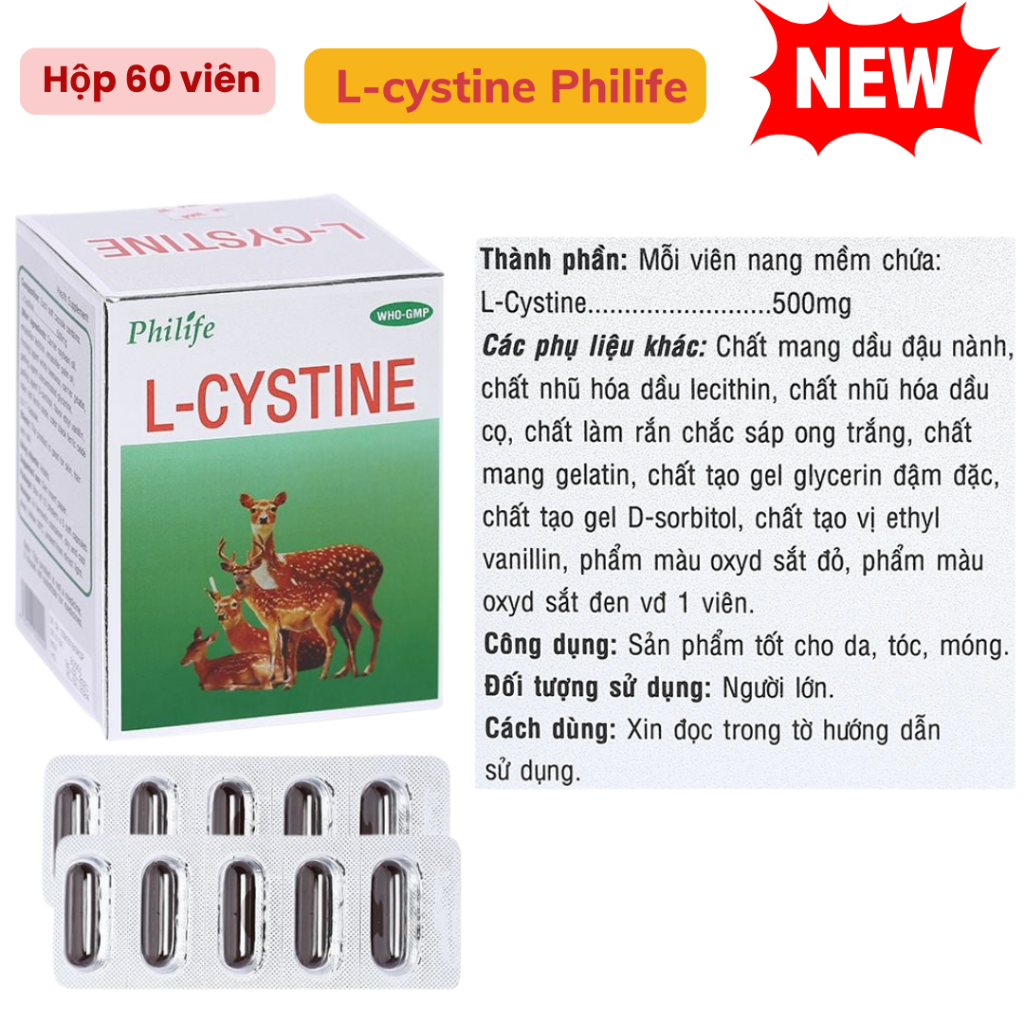 L cystine Phils Lin 500mg viên uống sáng da giảm nám ngăn rụng tóc chống lão hóa giúp móng chắc khỏe hiệu quả hộp 60 vên